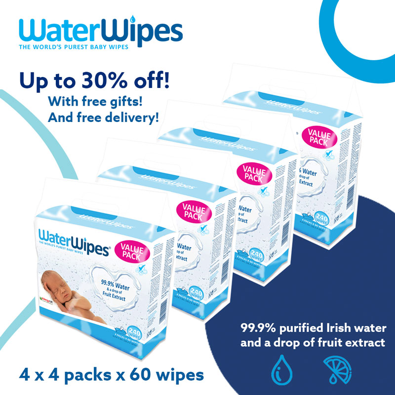 Waterwipes (4 x 4 packs of 60 wipes) + Free Baby wipes sachets x 20 + Facial wipes sachets x 2