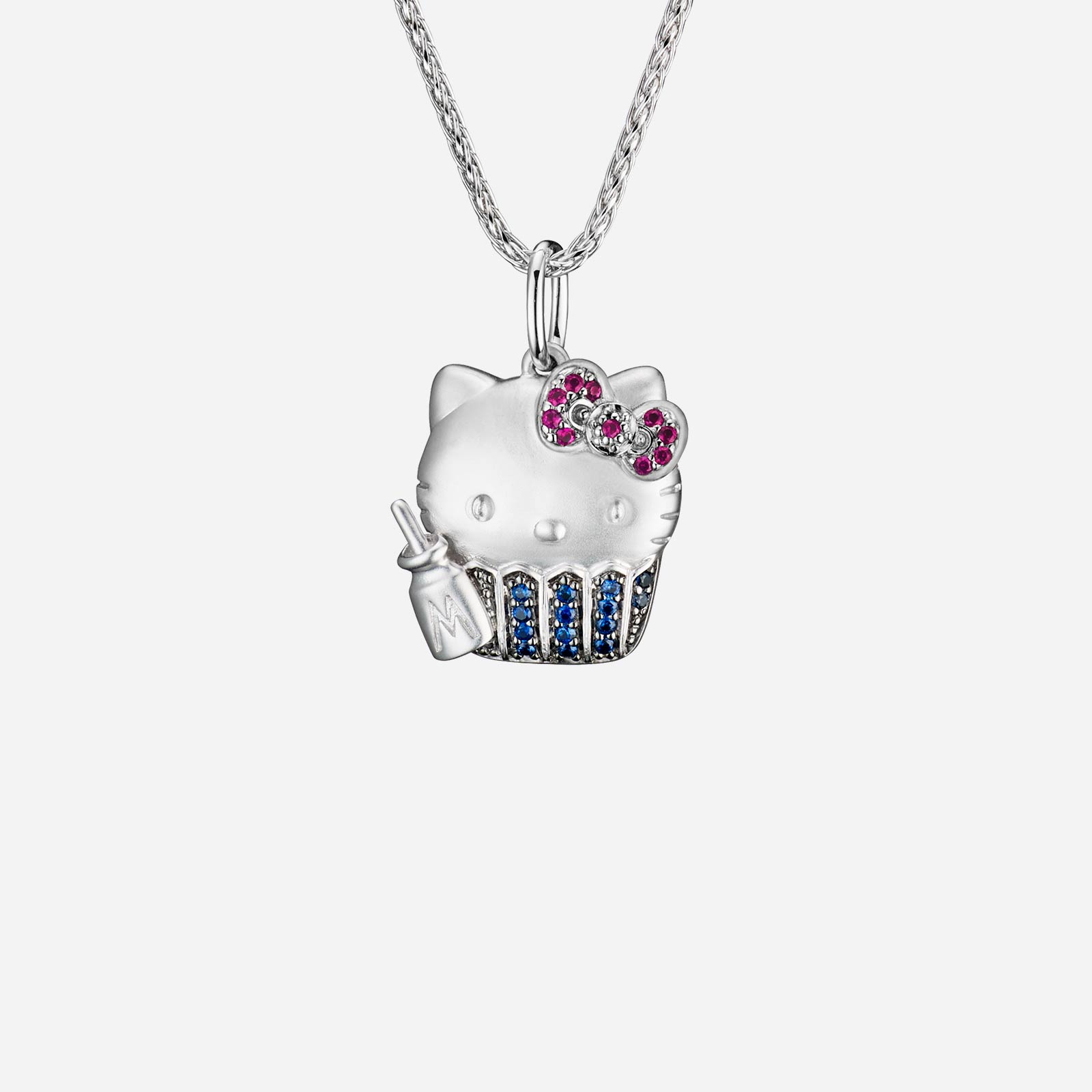 Poh Heng Hello Kitty Cupcake Blue Sapphire Ruby Pendant in 18K White Gold	