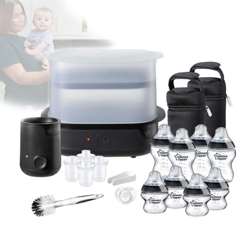 Tommee Tippee Complete Feeding Set (Black - The Clash) + Bottle Warmer + Bottles + Formula Dispensers + Soother + Teat Brush