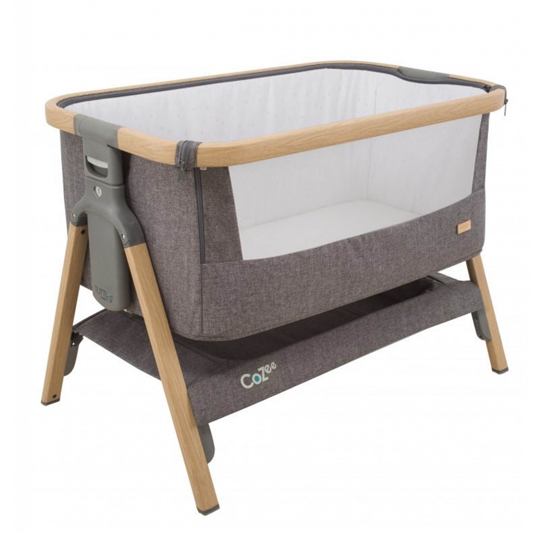 Tutti Bambini Cozee Bedside Crib + Cozee Castors (Set of 4) + Cozee Rocking Bar (Wood Grain/Anodised)