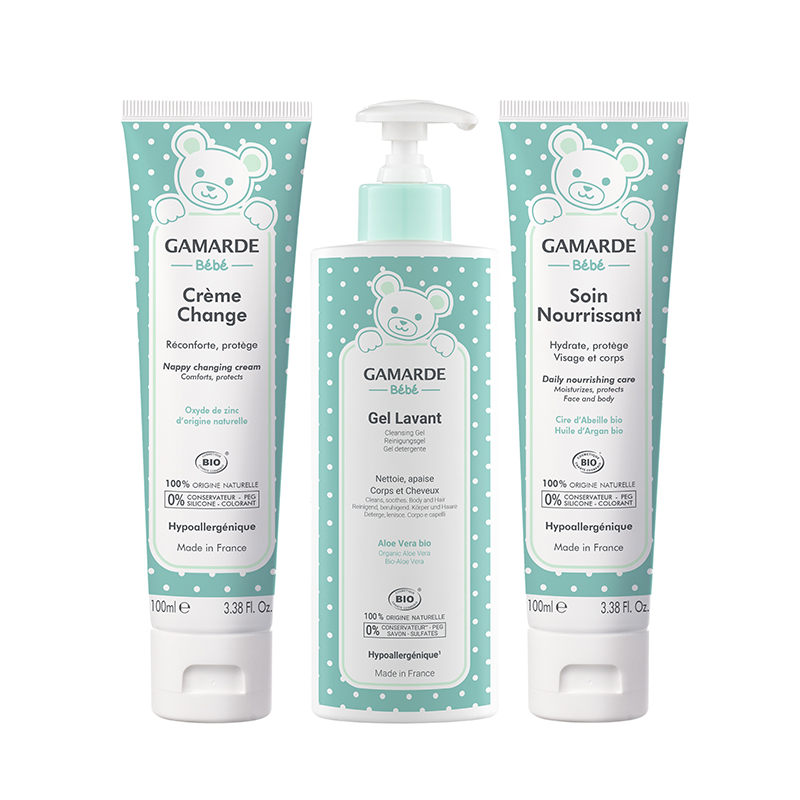 Gamarde Newborn Baby Skin Care Essentials Bundle (Cleaning Gel, Diaper Cream, Face and Body Cream)