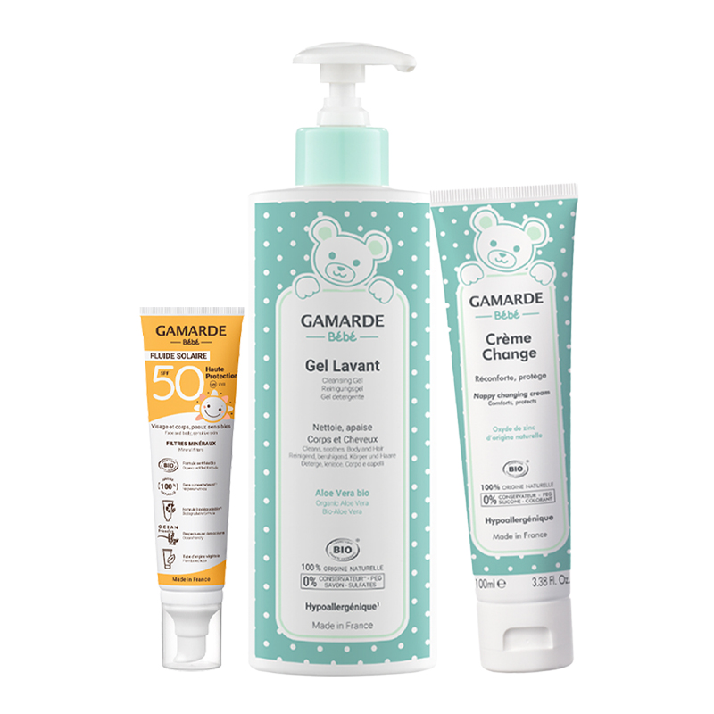 Gamarde Baby Skin Care Essentials Bundle - Cleansing Gel + Diaper Cream + SPF50 Sunscreen