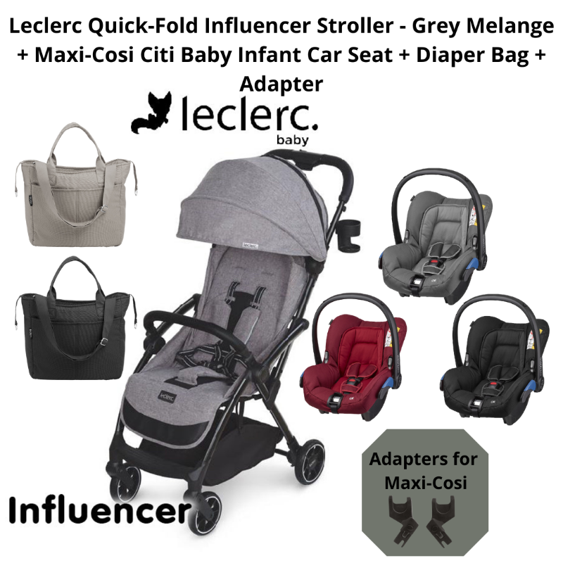 baby-fair Leclerc Quick-Fold Influencer Stroller - Grey Melange + Maxi-Cosi Citi Baby Infant Car Seat + Diaper Bag + Adapter