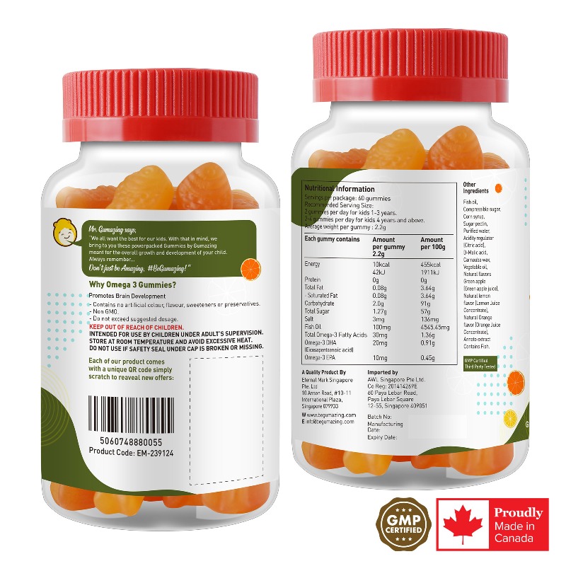 Gumazing Kids Daily Gummy Vitamins: Omega 3 Fish Oil (EPA & DHA) for Nutritional Brain Support, 60 Gummies (30 Day Supply)