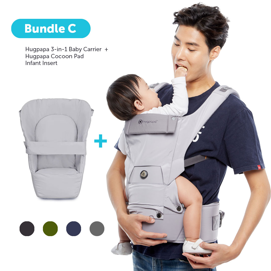 Hugpapa Bundle C - Hugpapa 3-in-1 Dial- Fit Hip Seat Baby Carrier + Infant Insert 100% Cotton