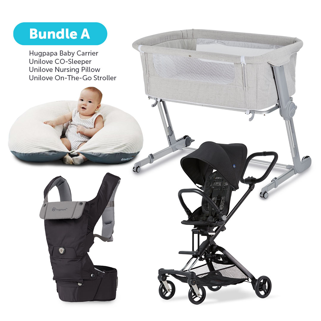 Hugpapa & Unilove Bundle A - Unilove Hopo 7-in-1 Pregnancy Pillow Baby Lounger (Organic) + Hug Me Plus Co-Sleeper (Grey) + Hugpapa Baby Carrier (Charcoal) + On the Go Stroller