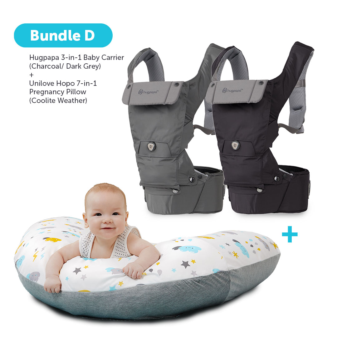 Hugpapa & Unilove Bundle D - Hugpapa 3-in-1 Dial- Fit Baby Carrier + Unilove Hopo 7-in-1 Pregnancy Pillow Baby Lounger (Coolite/Cotton)