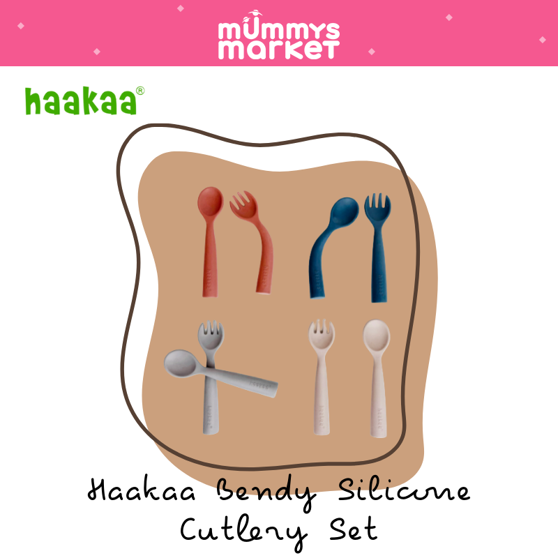 Haakaa Silicone Toddler Utensils Bendy Spoon and Fork with A Handy Storage  Case Baby Cutlery Set Made of Food Grade Silicone, SUVA Grey 