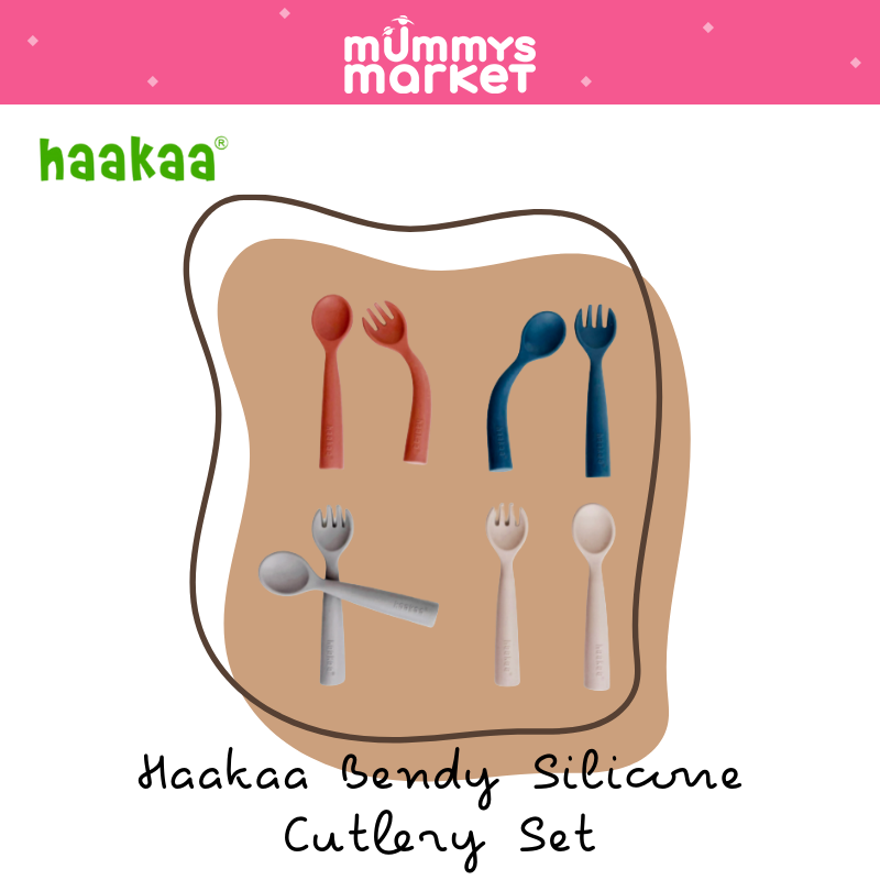 Haakaa Silicone Toddler Utensils Bendy Spoon and Fork with A Handy Storage  Case Baby Cutlery Set Made of Food Grade Silicone, SUVA Grey