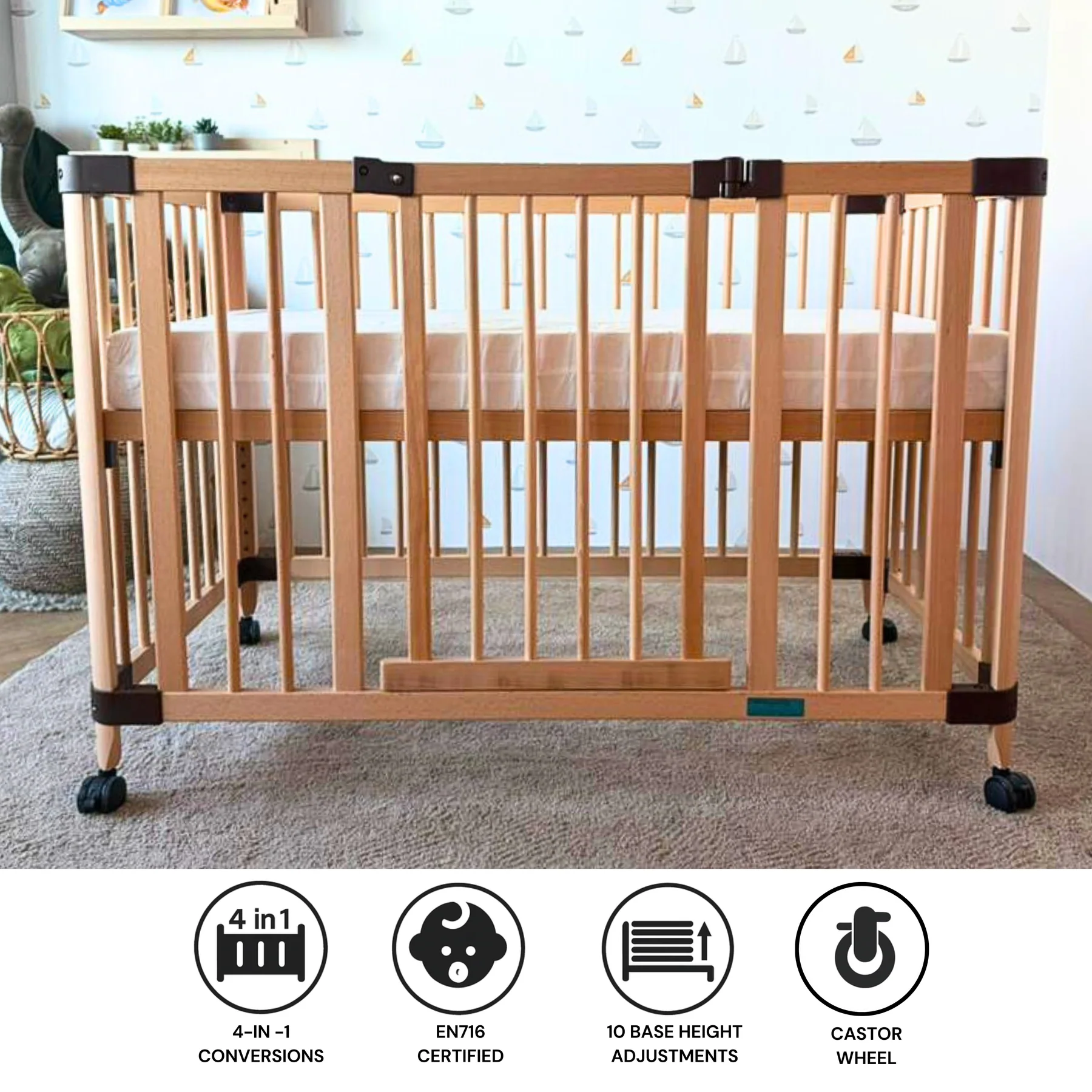 Happy Cot Happy Swing Convertible Baby Cot - Natural