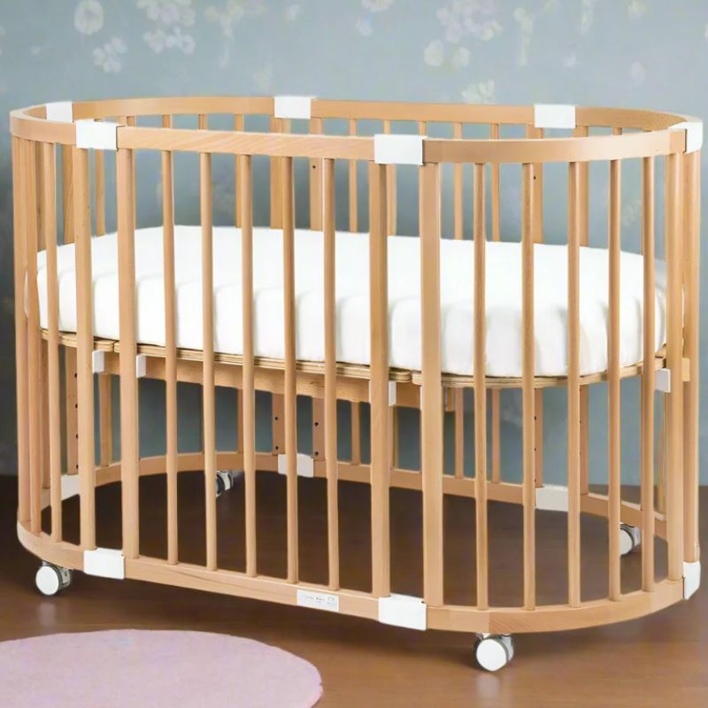 Happy Cot Happy Forever 7-in-1 Convertible Oval Baby Cot - Natural + 4 Inch High Density Foam Mattress (Round) + Free Delivery & Installation + 1 Year Warranty