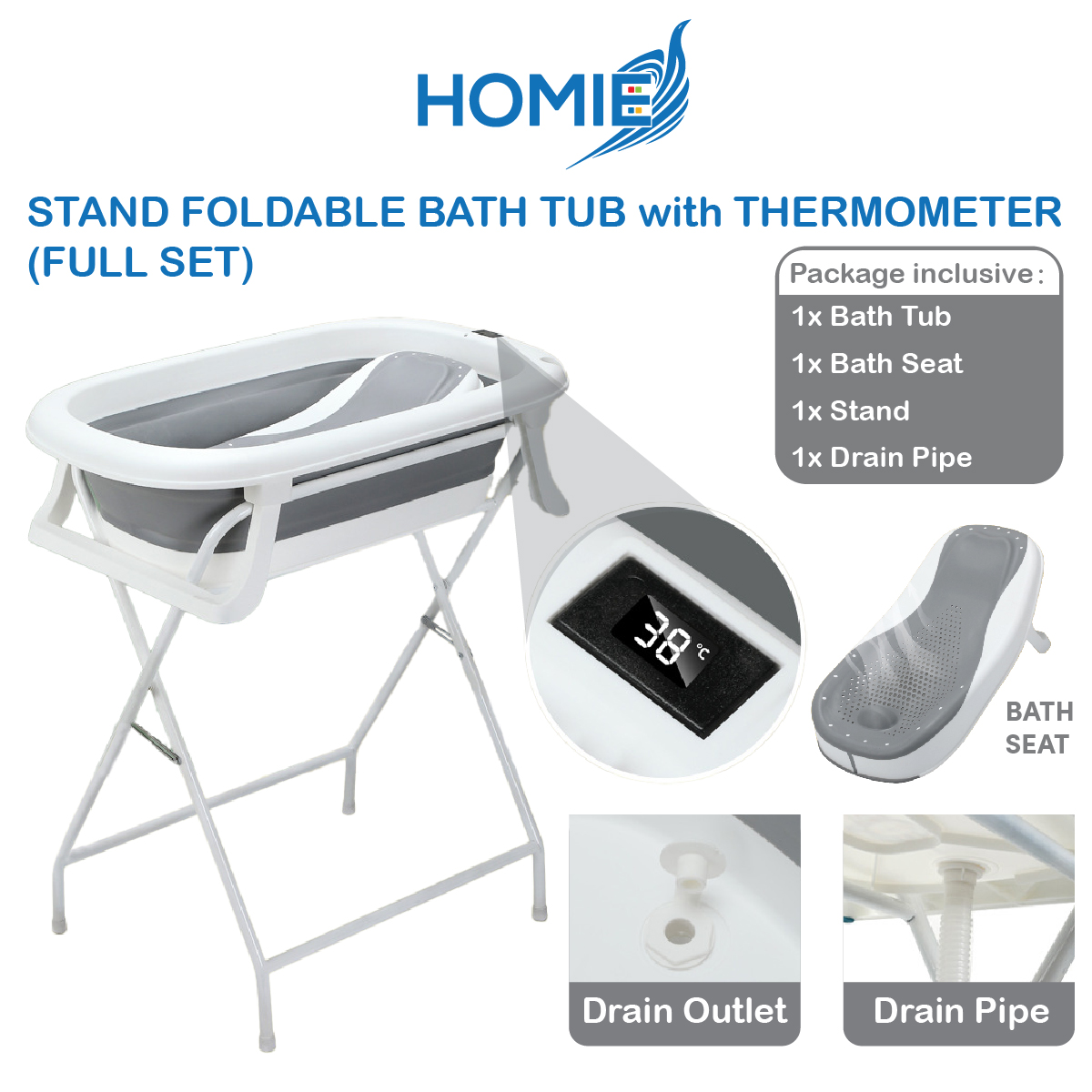 Homie Stand Foldable Bath Tub with Thermometer