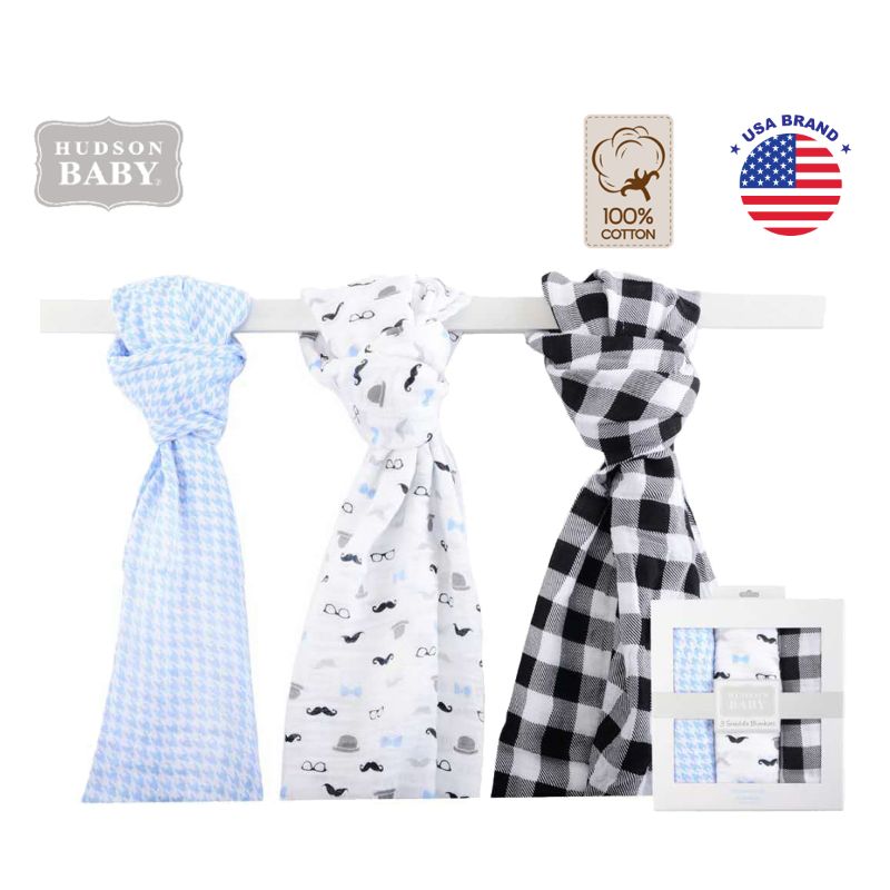 Hudson Baby Muslin Swaddle Blanket 3pcs - Checkered
