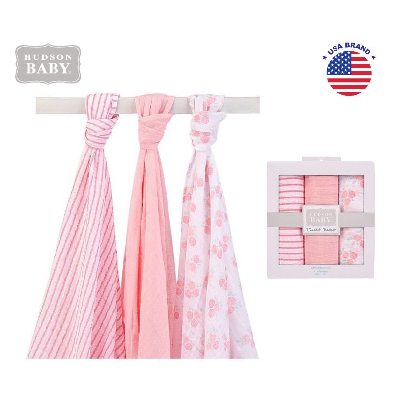 Hudson Baby Muslin Swaddle Blanket 3pcs Gift Set - Soft Pink Rose