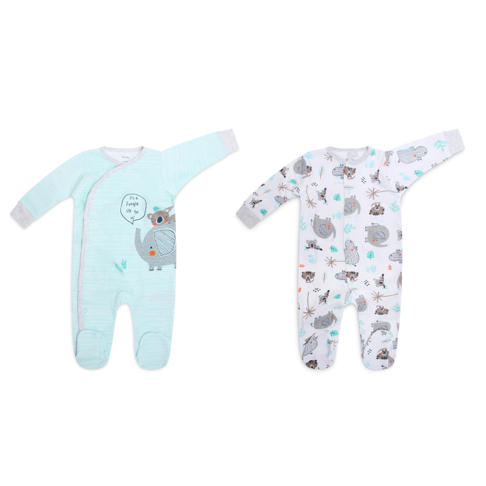  Infancie 2-Pc Baby Footed 100% Cotton Footed Babygrower/ Romper (Mint Jungle)