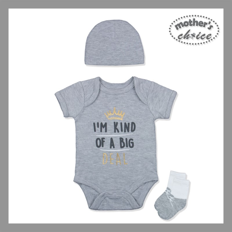 Mother's Choice 3-Piece Pack of 100% Pure Cotton Grey Bodysuit, Hat and Socks