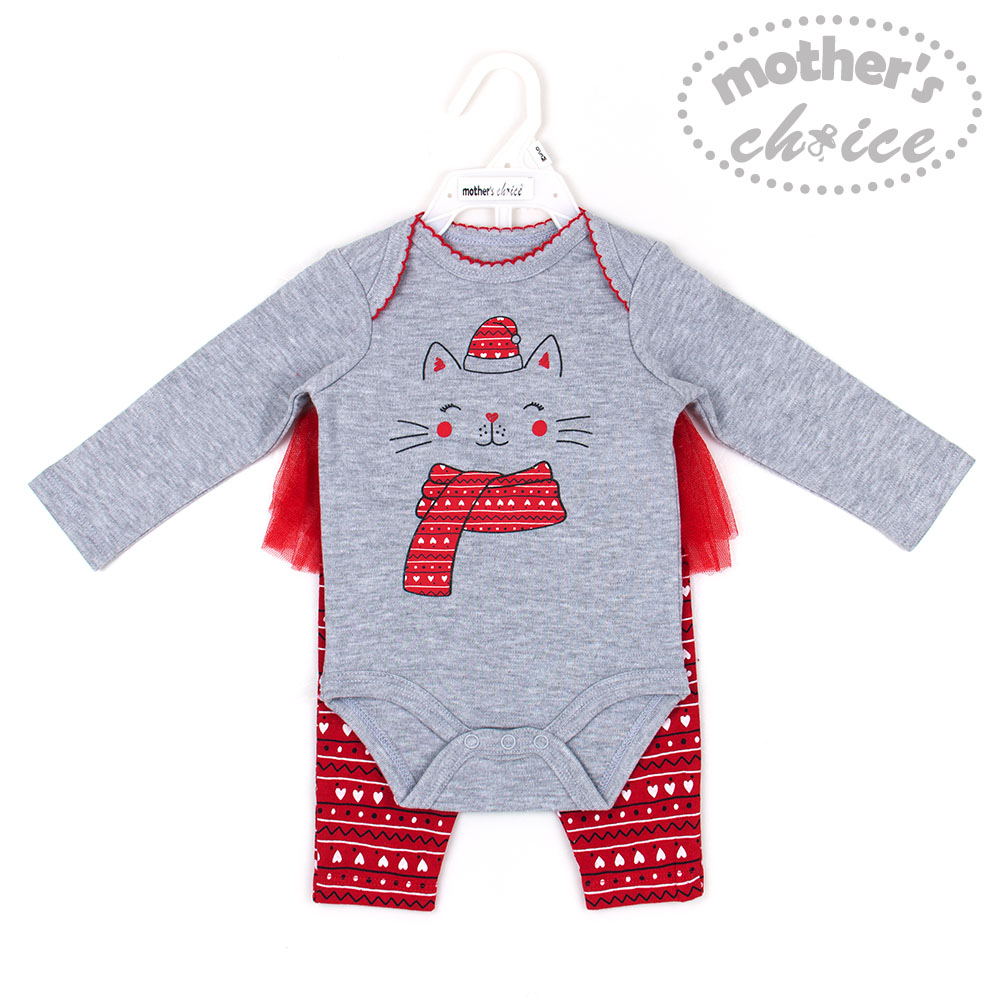 Mother's Choice Christmas Selection 100% Cotton 2 pcs pack Newborn Baby Infant Long Sleeves Top and Bottom Set - Xmas Kitten