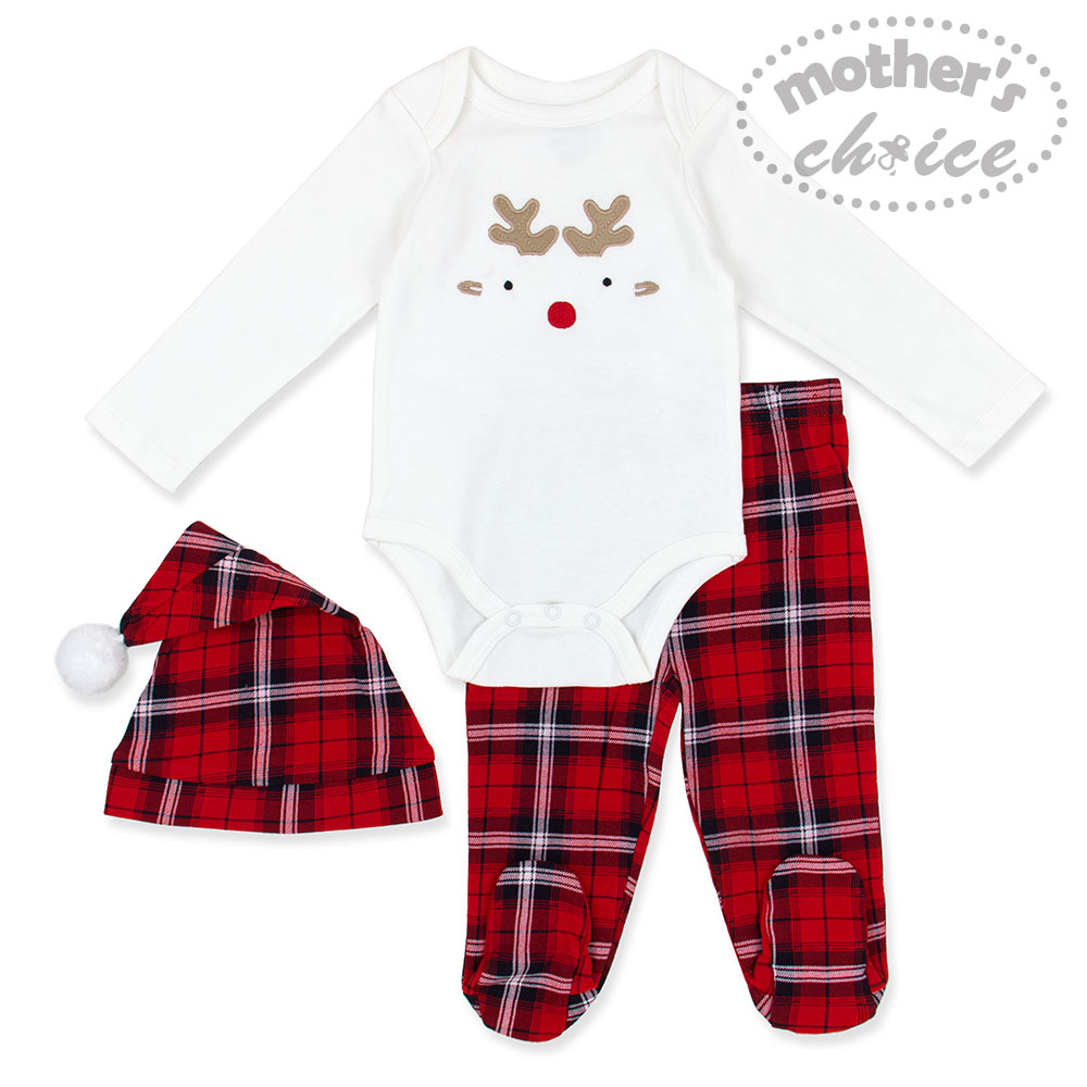 Mother's Choice Christmas Selection 100% Cotton Newborn Baby Infant 3 pcs Layette Set - Xmas Deer