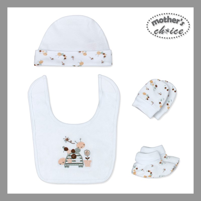 Mother	's Choice 4-Piece 100% Pure Cotton Infant Cap, Bib, Mittens and Socks Layette Gift Pack