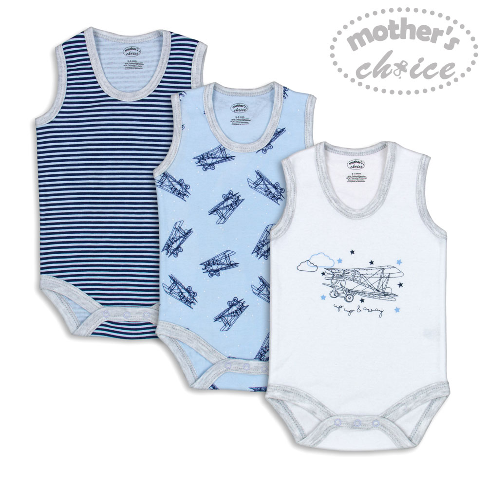 baby-fair Mother's Choice 3-Piece Pack Newborn Baby Infant 100% Pure Cotton Sleeveless Aeroplane Bodysuit and Romper