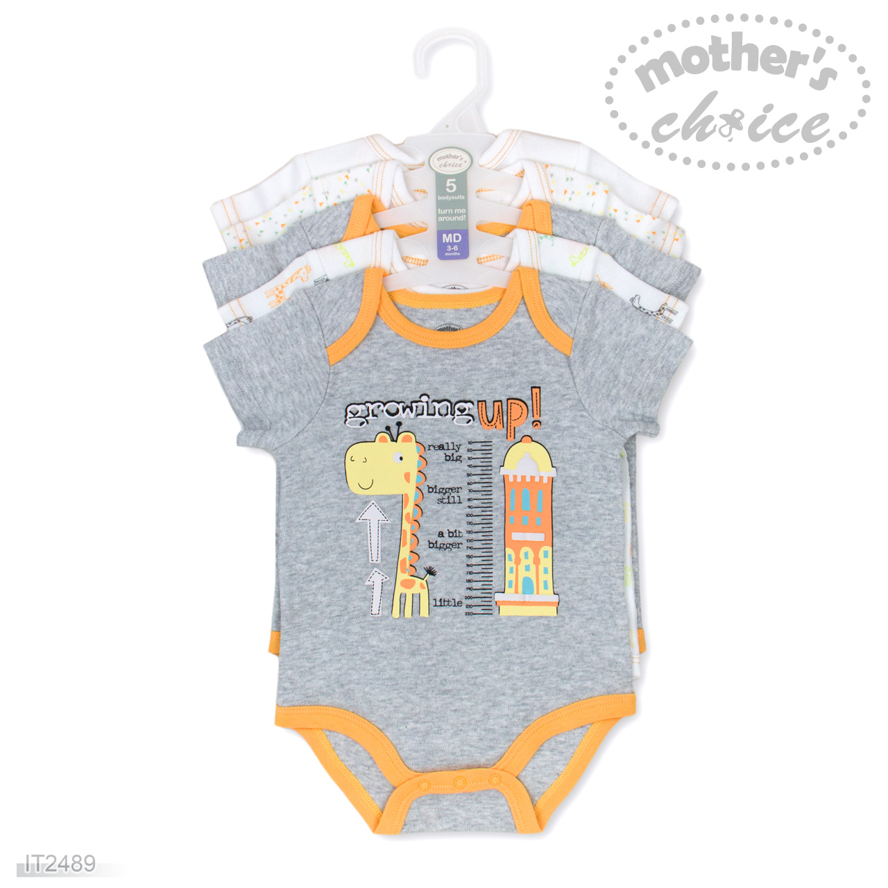 Mother's Choice 5-Piece Pack Baby 100% Pure Cotton Short Sleeves Grey Giraffe Bodysuits