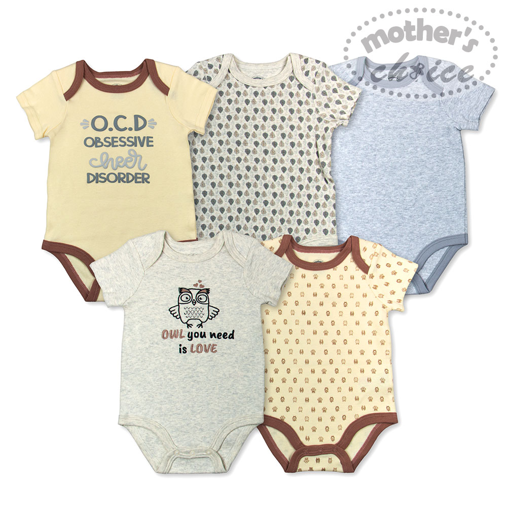 baby-fair Mother's Choice 100% Pure Cotton 5-Piece Pack Newborn Baby Infant Short Sleeves Grey Owl Bodysuit and Romper