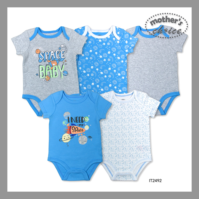 Mother's Choice 5-Piece Pack Baby 100% Pure Cotton Short Sleeves Blue Space Bodysuits