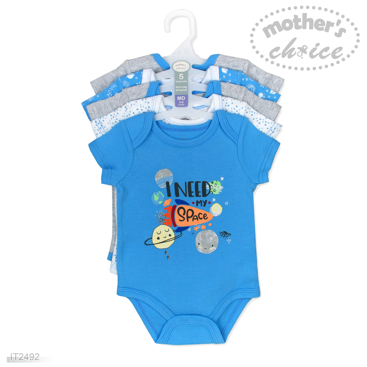 Mother's Choice 5-Piece Pack Baby 100% Pure Cotton Short Sleeves Blue Space Bodysuits