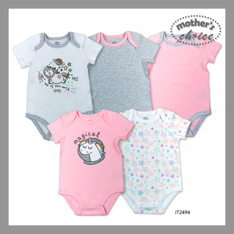 Mothers Choice 5 Pcs Baby Short Sleeves Bodysuits (Pink Unicorn)