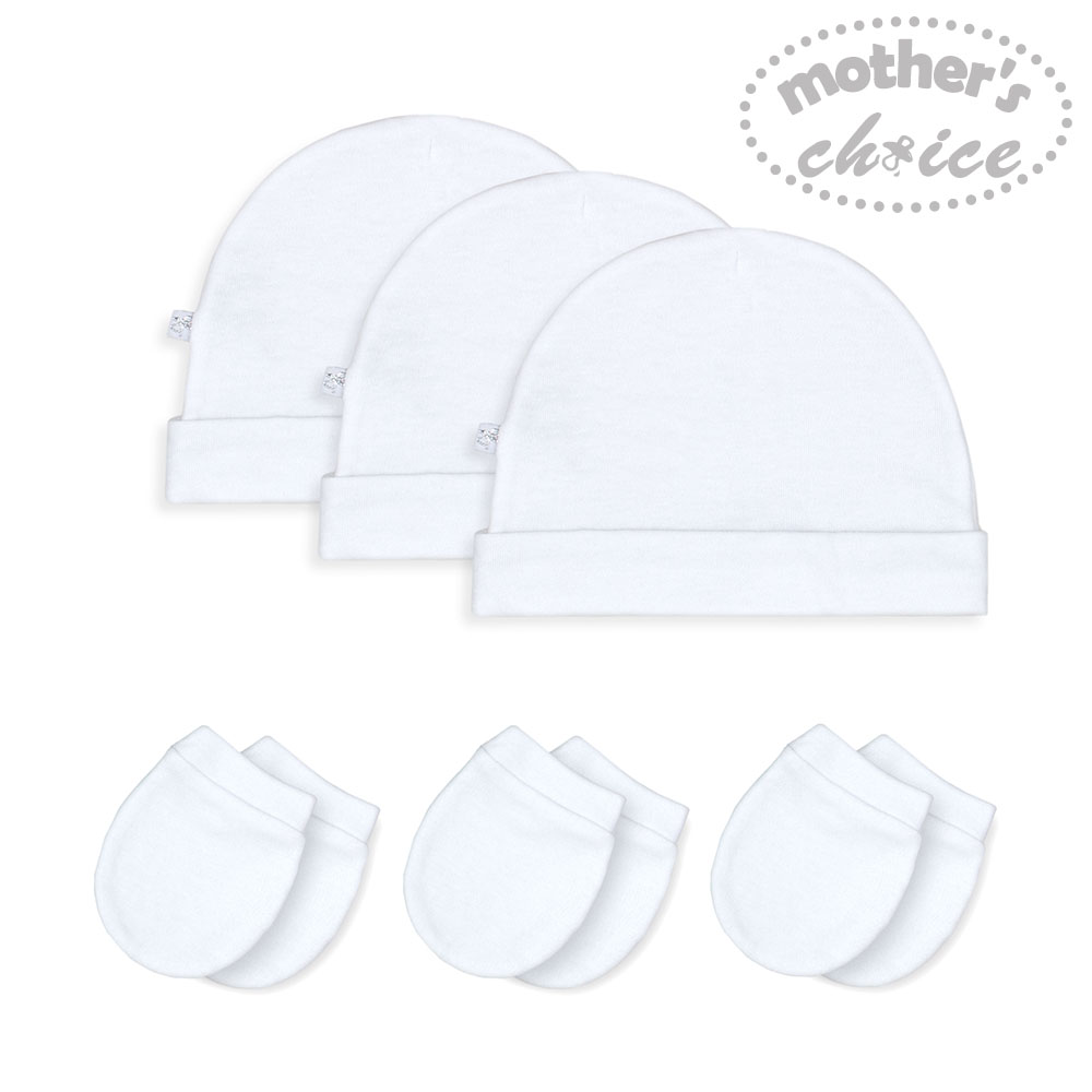 baby-fair Mother's Choice Infant 100%  Cotton ALL-WHITE 3 pcs Hats + 3 pcs Mittens Set