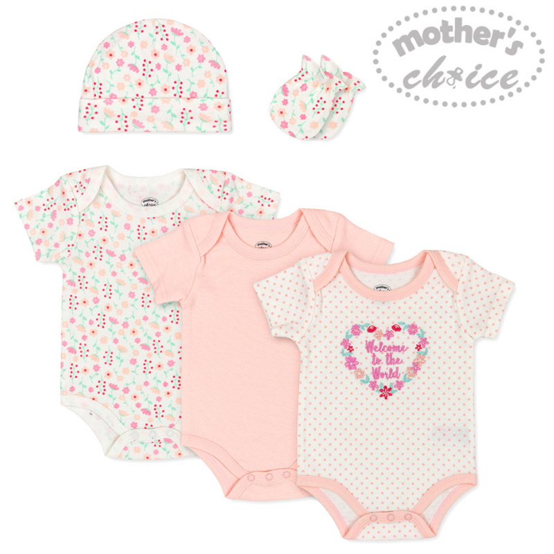 Mother	's Choice 100% Cotton-Newborn Baby 5pc Set (Bodysuits, Hat and Mittens)