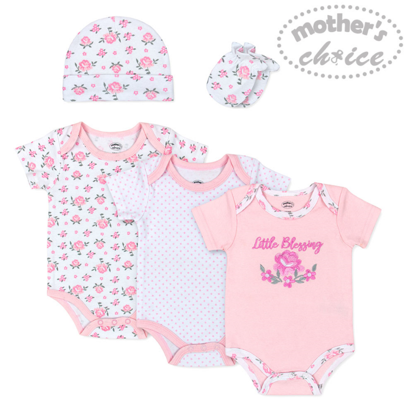 Mother	's Choice 100% Cotton-Rose Newborn Baby 5pc Set (Bodysuits, Hat and Mittens)