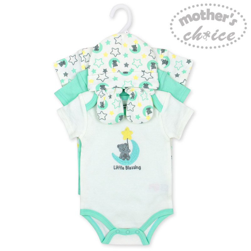 Mother	's Choice 100% Cotton-Mint Newborn Baby 5pc Set (Bodysuits, Hat and Mittens)