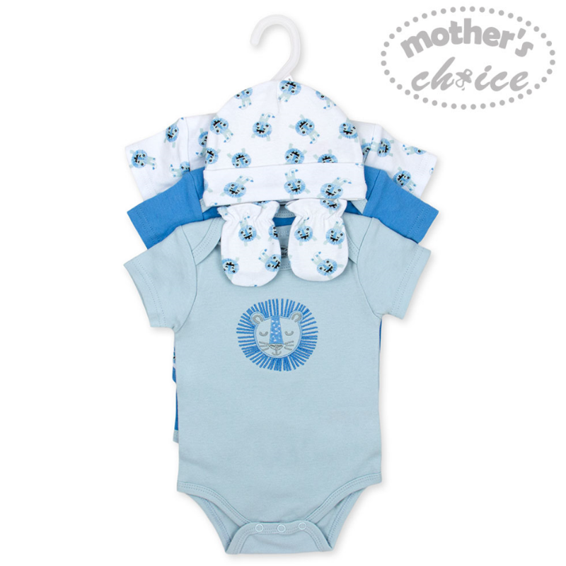 Mother	's Choice 100% Cotton-Blue Newborn Baby 5pc Set (Bodysuits, Hat and Mittens)