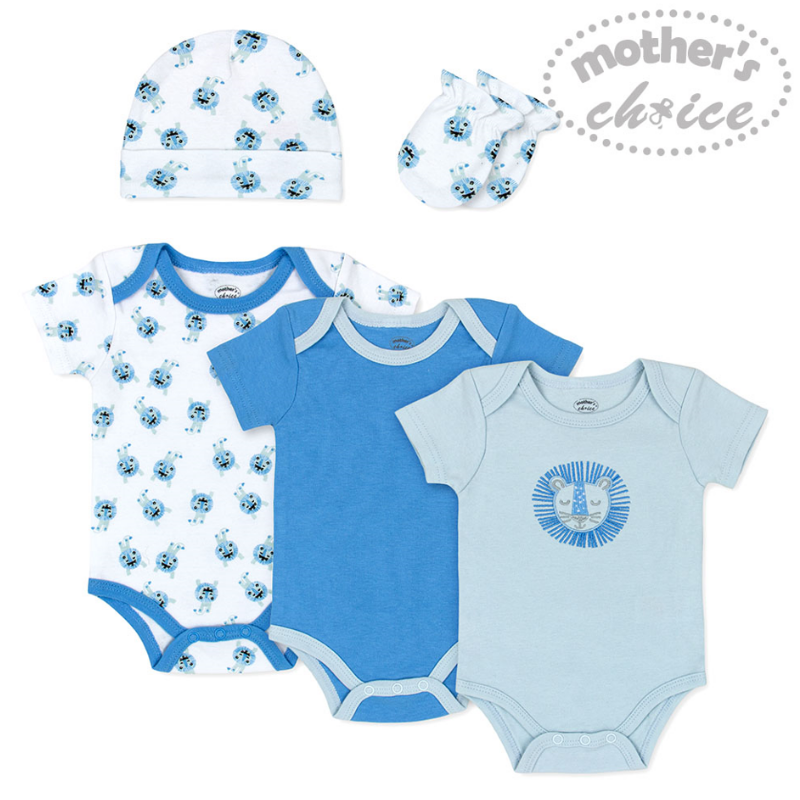 Mother	's Choice 100% Cotton-Blue Newborn Baby 5pc Set (Bodysuits, Hat and Mittens)