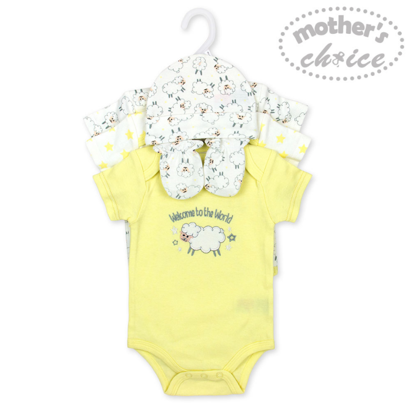 Mother	's Choice 100% Cotton-Sheep Newborn Baby 5pc Set (Bodysuits, Hat and Mittens)
