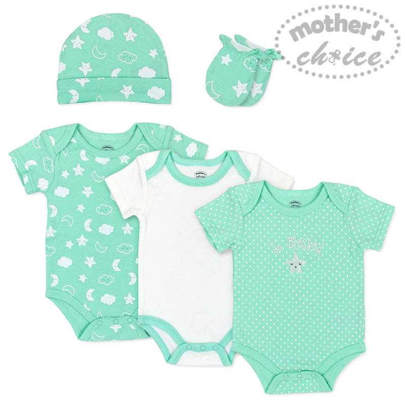 Mother	's Choice 100% Cotton-Mint Dots Newborn Baby 5pc Set (Bodysuits, Hat and Mittens)