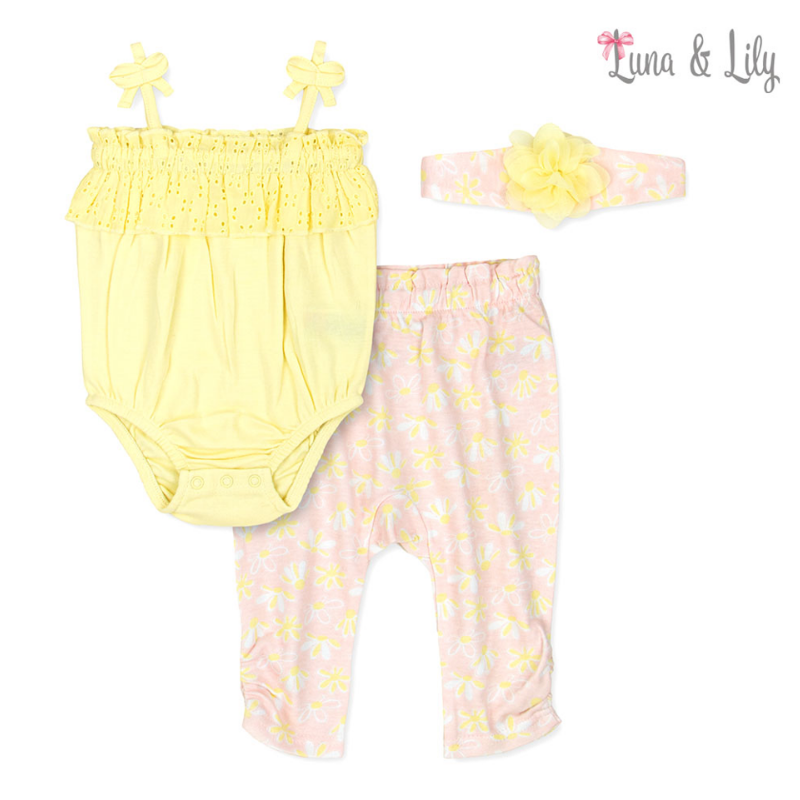 Luna & Lily 100% Cotton Yellow 3pc set of newborn baby headband, bodysuit and pants