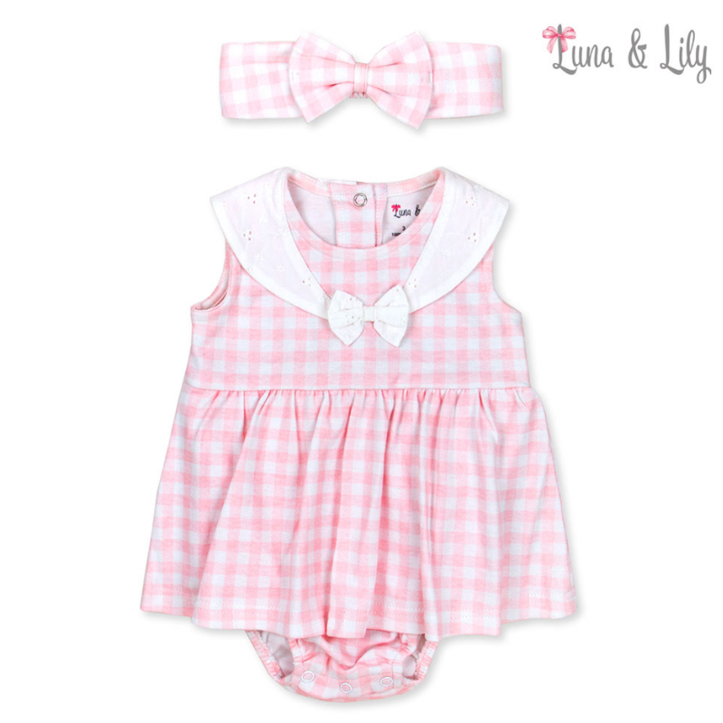 Luna & Lily 2pc set of newborn baby bodysuit and headband -Pink Checker