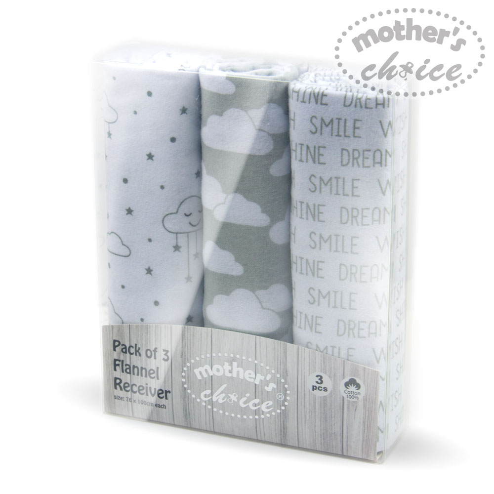 Mother's Choice 3-Pc Flannel Receiver With Overlock Binding (Grey Dream Cloud)