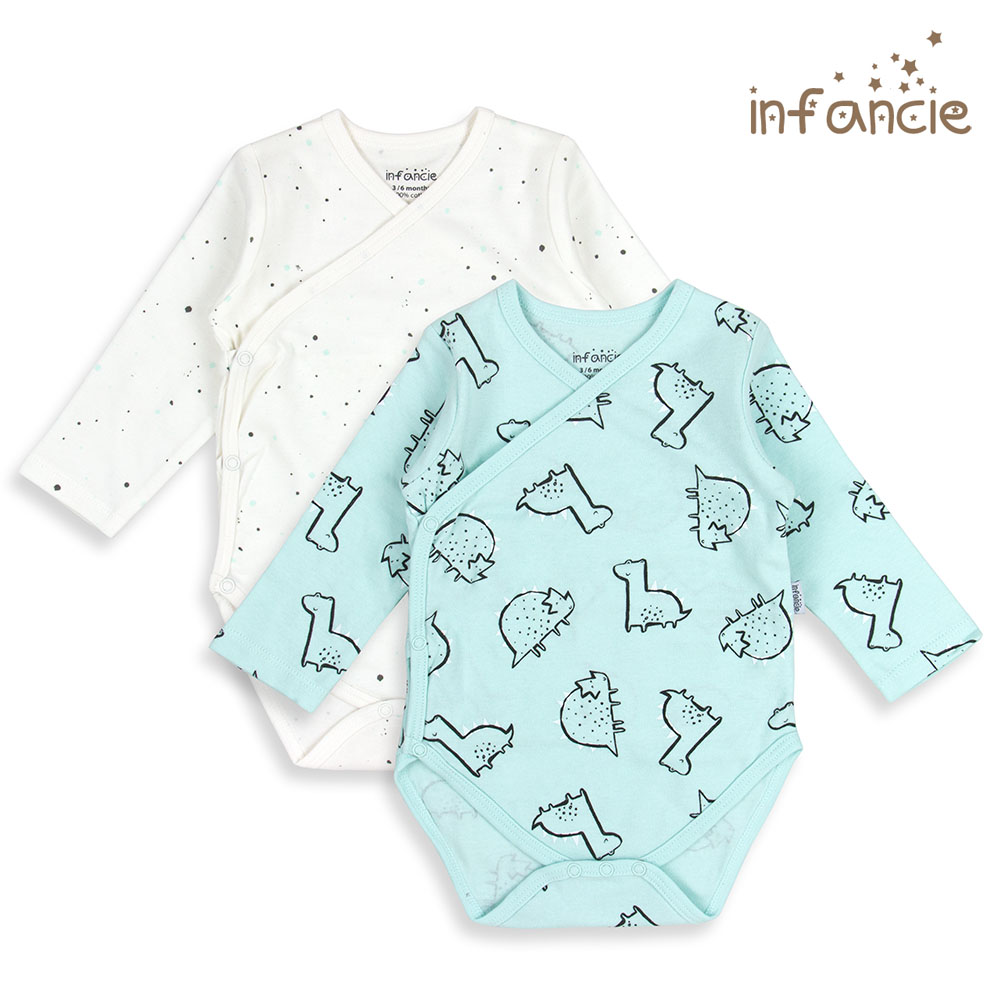 Infancie 2-Pc 100% Cotton Long-Sleeved Baby Kimino Bodysuits (White/Mint Dino)