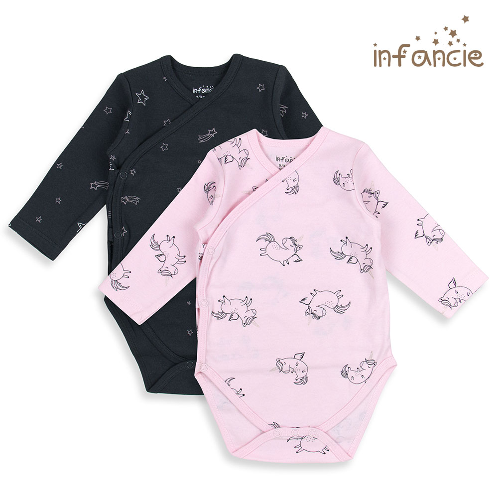 Infancie 2-Pc 100% Cotton Long-Sleeved Baby Kimino Bodysuits (Black/Pink Unicorn)