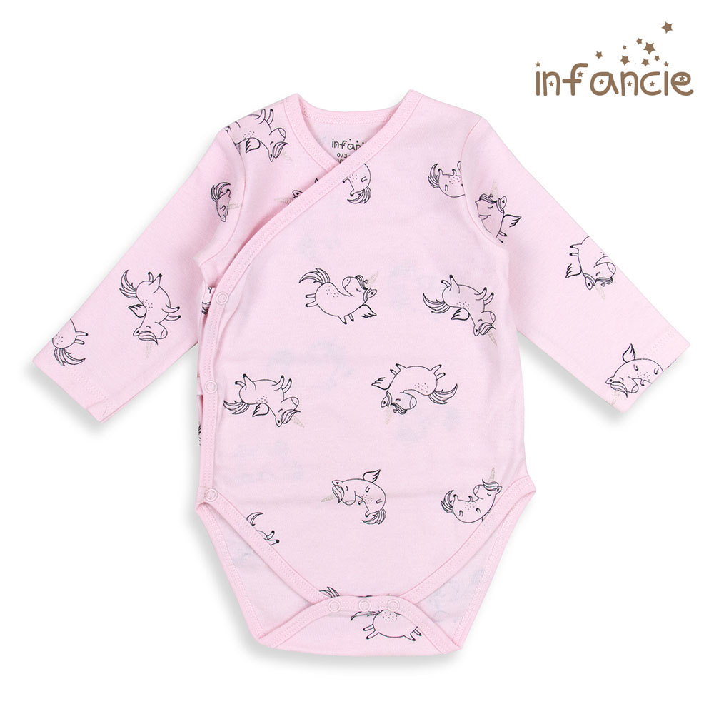 Infancie 2-Pc 100% Cotton Long-Sleeved Baby Kimino Bodysuits (Black/Pink Unicorn)