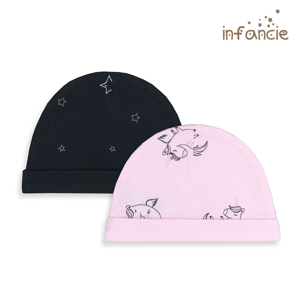 Infancie 2-Pc 100% Cotton Baby Hat (Black/Pink Unicorn)