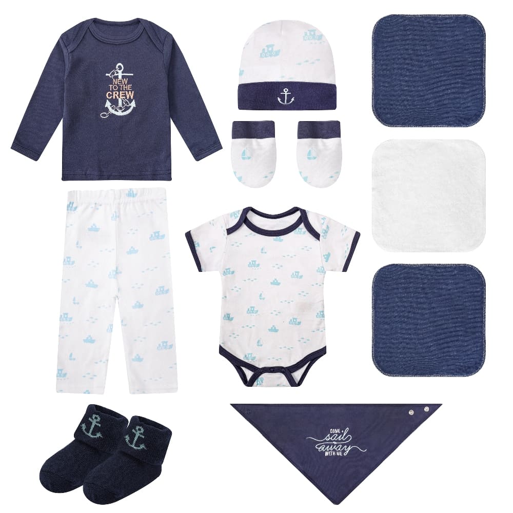 Mother's Choice 10-Pc Baby Bodysuit, T-shirt, Pants, Hat, Mittens, Bib, Socks & Wash Cloths Gift Box Set (Navy)