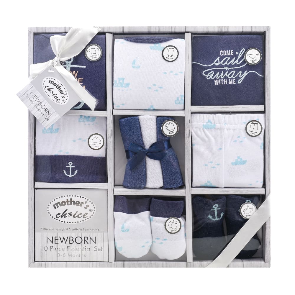 Mother's Choice 10-Pc Baby Bodysuit, T-shirt, Pants, Hat, Mittens, Bib, Socks & Wash Cloths Gift Box Set (Navy)