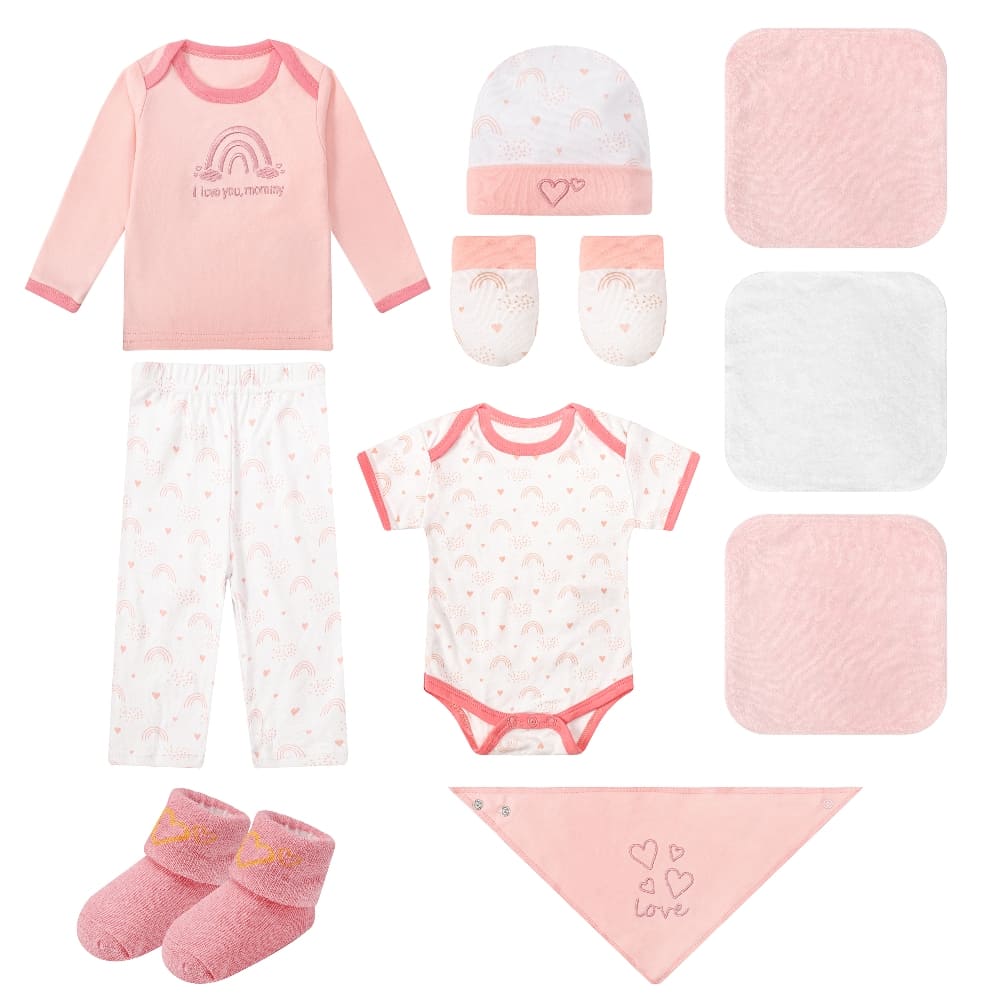 Mother's Choice 10-Pc Baby Bodysuit, T-shirt, Pants, Hat, Mittens, Bib, Socks & Wash Cloths Gift Box Set (Pink)