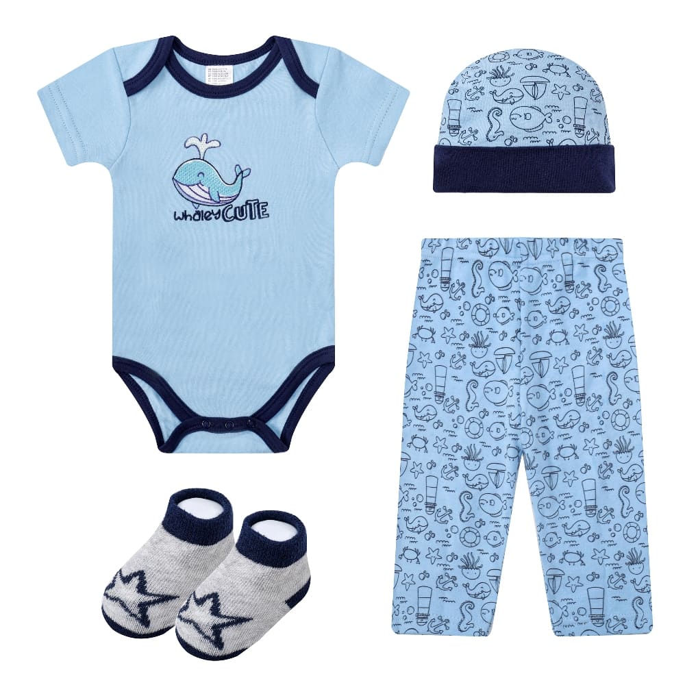Mother's Choice 4-Pc Baby Bodysuit, Pants, Hat & Socks Gift Box Set (Blue Whale)