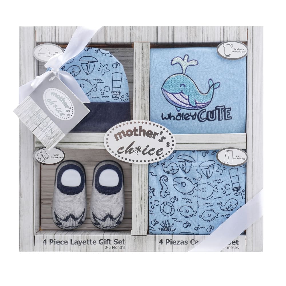 Mother's Choice 4-Pc Baby Bodysuit, Pants, Hat & Socks Gift Box Set (Blue Whale)