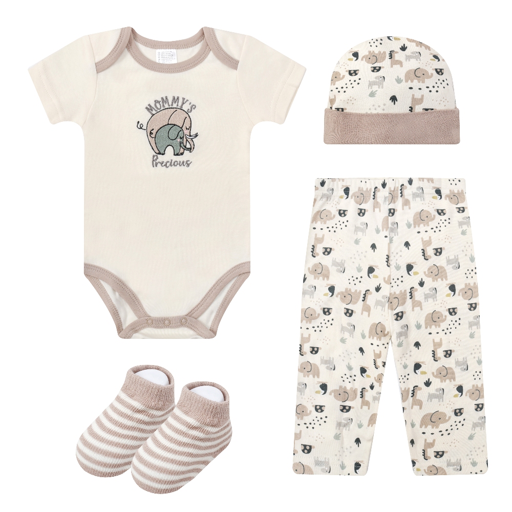 Mother's Choice 4-Pc Baby Bodysuit, Pants, Hat & Socks Gift Box Set (Beige Elephant)